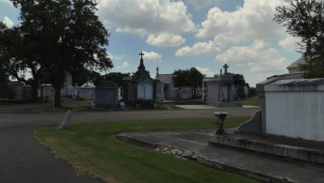 Aerial view of cemetery and crips at the Old Metairie Cemetery