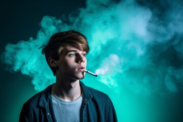 Obraz premium Medium shot portrait photography of a glad boy in his 20s smoking an electronic cigarette against a teal blue background. With generative AI technology