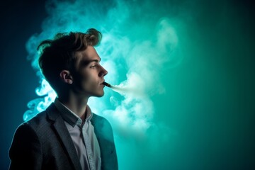 Medium shot portrait photography of a glad boy in his 20s smoking an electronic cigarette against a teal blue background. With generative AI technology