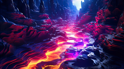 Flowing rivers of neon paint, meandering through an abstract neon valley - obrazy, fototapety, plakaty