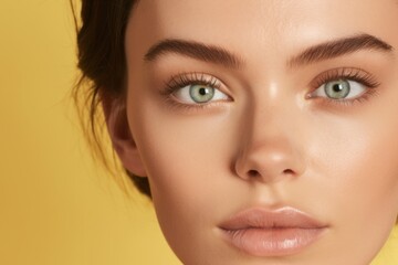 Fototapeta premium Close-up portrait photography of a tender girl in her 30s covering one eye against a pastel yellow background. With generative AI technology