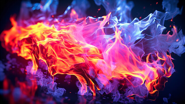 Neon paint fire, its flames licking and dancing in radiant hues