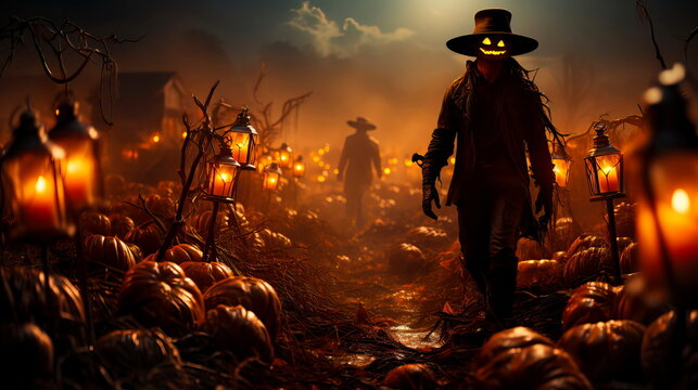A sprawling, haunted cornfield maze with eerie scarecrows, dimly lit lanterns, and hidden surprises lurking in the shadows.