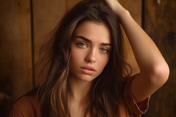Close-up portrait photography of a glad girl in her 20s holding the hand on the forehead in a headache gesture against a rustic brown background. With generative AI technology