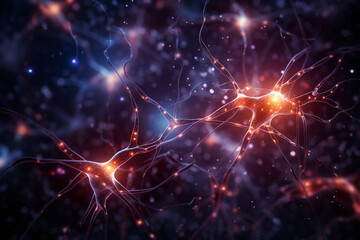 Visualization of neural synapses firing, symbolizing the dynamic exchange of feelings and thoughts that love facilitates, love and creation - obrazy, fototapety, plakaty