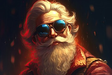Santa Claus wearing sunglasses on a dark background