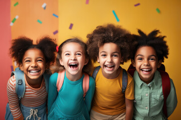 A group of excited students stand in front of a colorful chalkboard ready for a new school year 