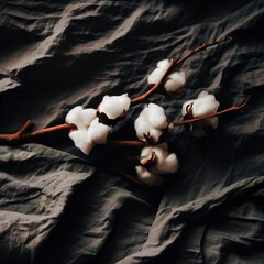 Cotton branch on dark crumpled fabric