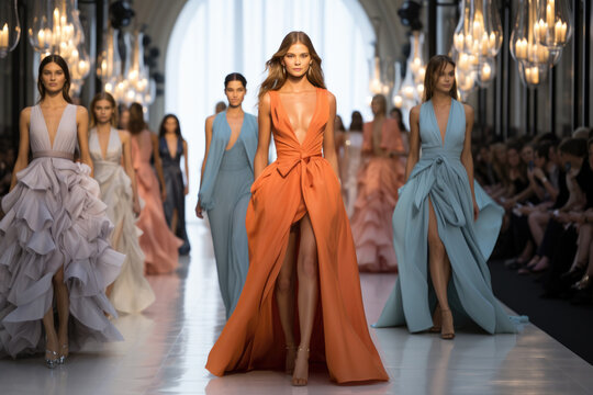 A runway filled with models showcasing the latest trends in haute couture at a glamorous September Fashion Week event 