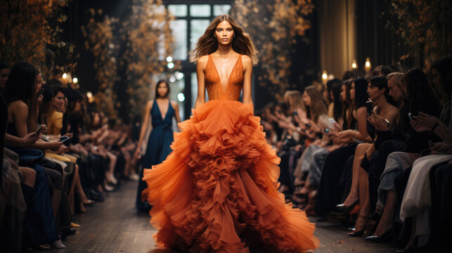 A runway filled with models showcasing the latest trends in haute couture at a glamorous September Fashion Week event 