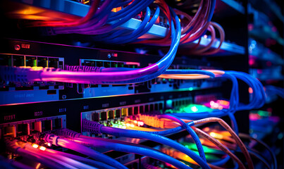 servers connection with Fiber optic cable internet - obrazy, fototapety, plakaty