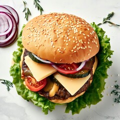 Homemade hamburger with fresh vegetables meat and cheese top view on a white stone background