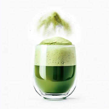 Frothy Green Elixir Glass of Matcha Latte with Dusting of Powder on white background