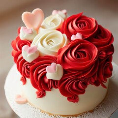 Red white cream cake with roses and hearts