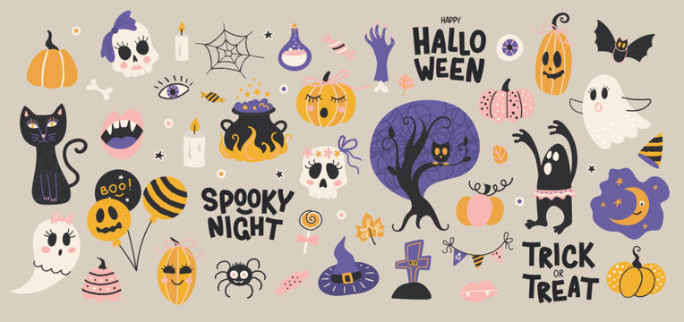 Happy Halloween.Set of cute vector illustrations for the design of postcards, banners, invitations and more.Collection of stickers.