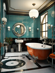 a bathroom in a art deco style apartment, created with Generative AI technology