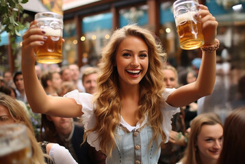 People in traditional attire raise beer steins in camaraderie as the lively Oktoberfest celebrations fill Munichs streets with cheer 