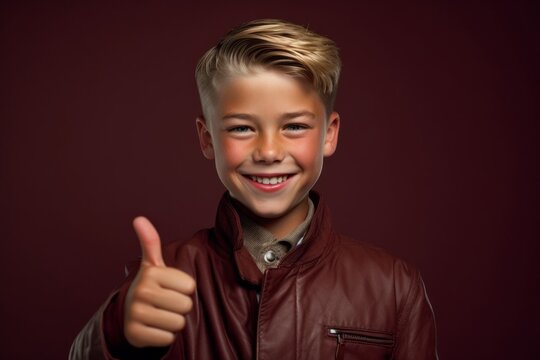 Lifestyle portrait photography of a grinning boy in his 30s showing a thumb up against a rich maroon background. With generative AI technology