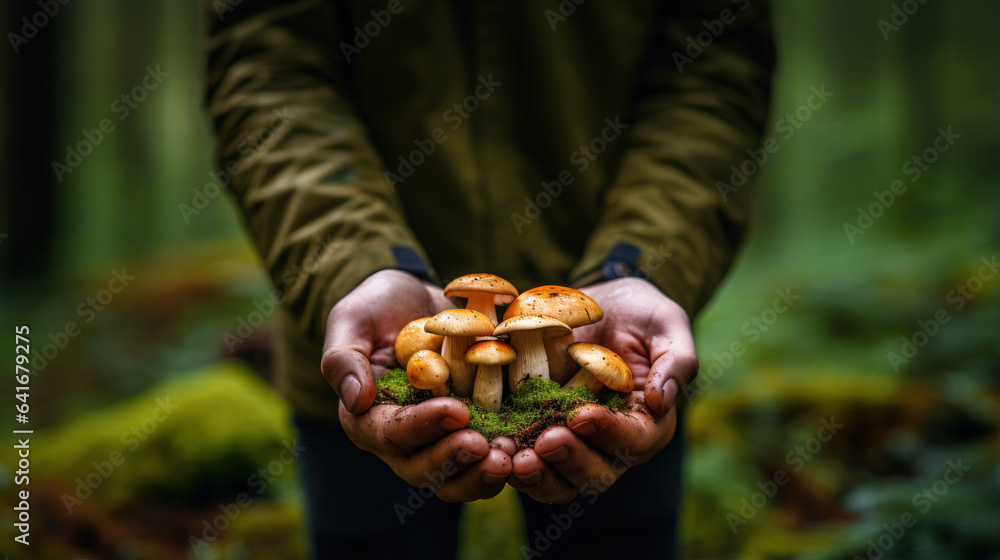 Aufkleber a close-up of a hand holding a recently foraged mushroom in a lush forest background with empty spac
