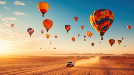  a car driving through a desert filled with hot air balloons.  generative ai