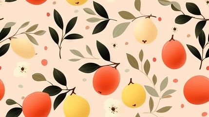  a pattern of fruit and leaves on a pink background with dots.  generative ai