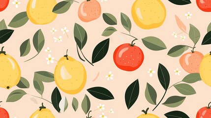  a pattern of fruit with leaves and flowers on a pink background.  generative ai