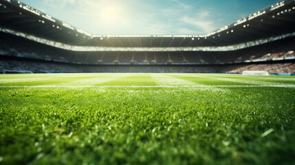 A close-up of a football field with fans in the stands background with empty space for text 