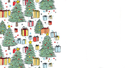 Christmas holiday banner with New Year trees pattern on white background with place for text. Watercolor winter backdrop. Christmas or New Year mockup. Banner size, copy space