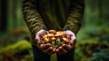 A close-up of a hand holding a recently foraged mushroom in a lush forest background with empty space for text 