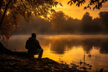 A fisherman patiently waits as the setting sun casts a warm and golden glow over the tranquil autumn lake 