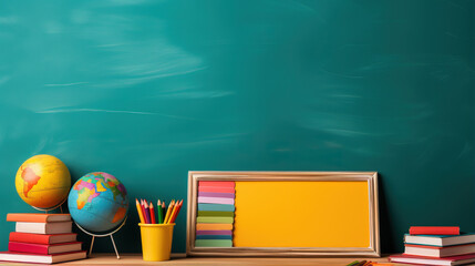 A group of excited students stand in front of a colorful chalkboard ready for a new school year 
