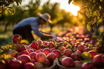 A group of farmers diligently picking ripe red apples from trees in a picturesque orchard setting  - obrazy, fototapety, plakaty