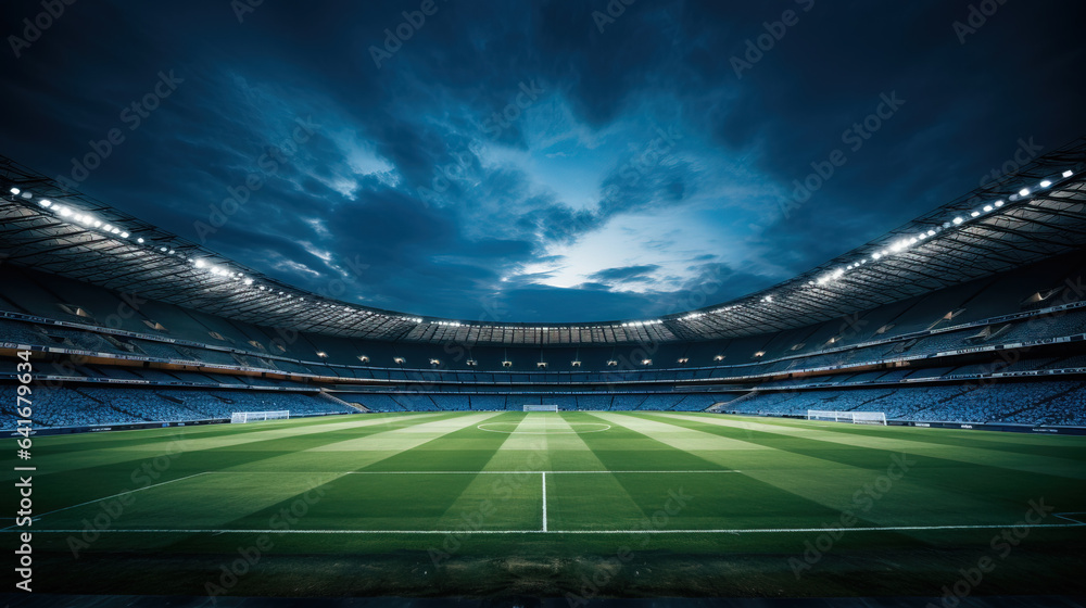 Poster a stadium filled with excited fans a football field in the foreground background with empty space fo