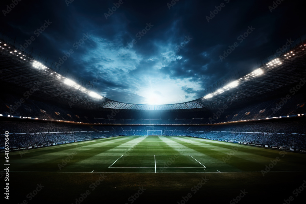 Poster a stadium filled with excited fans a football field in the foreground background with empty space fo