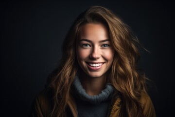 Naklejka premium Lifestyle portrait photography of a beautiful girl in her 20s smiling against a dark grey background. With generative AI technology