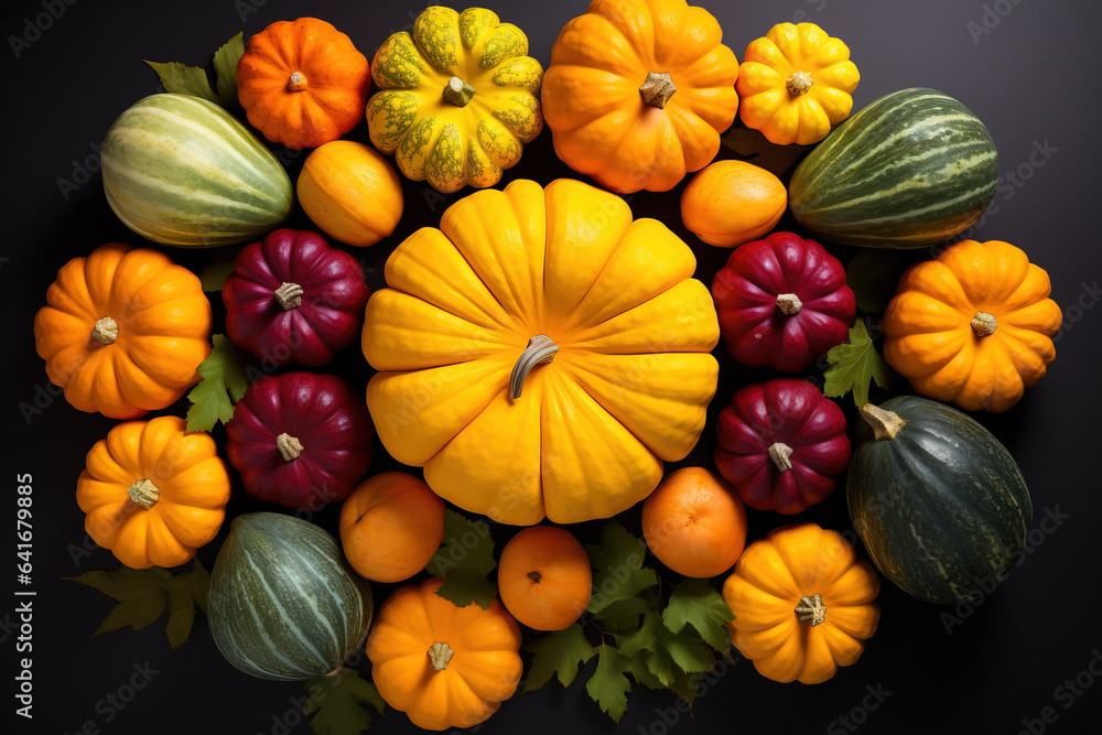 Wall mural Colorful pumpkins arranged in a circle symbolize the autumn equinox a time of harvest and balance 