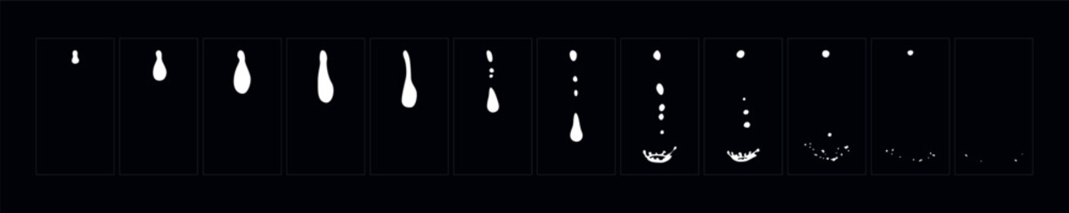 Water drooping animation. 2d cartoon water drooping frame. Raindrop classic animated effect.