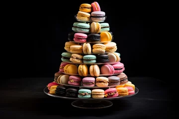 Foto auf Acrylglas Macarons classic French macaron tower - assortment of vibrant and delicate macarons in various flavors - black background - colorful intricate design - generative ai