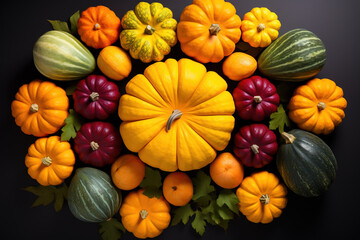 Colorful pumpkins arranged in a circle symbolize the autumn equinox a time of harvest and balance  - obrazy, fototapety, plakaty