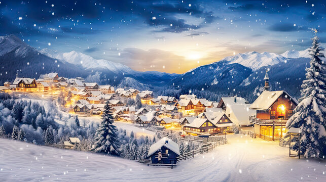 Christmas evening holiday landscape. Cute houses beautifully decorated with Christmas garlands in a snow-covered Alpine ski resort. Winter holidays concept. Template