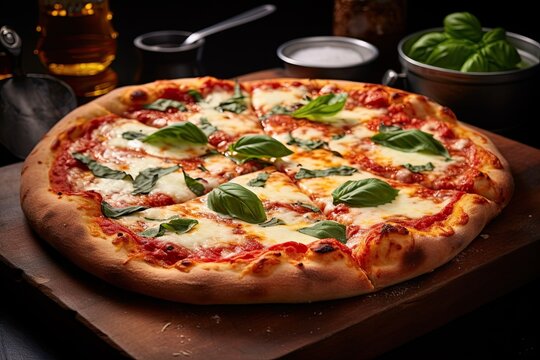 delicious pizza magharita with tomato sauce, mozzarella and basil - food photography for pizza menu - isolated pizza with ingredients in the background - perfect pizza slice - generative ai