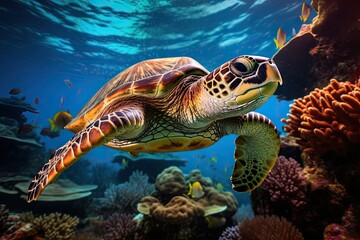 Naklejka na ściany i meble sea turtle swimming through coral reef - underwater life - ocean ecosystem - tropical aquatic environment - generative ai