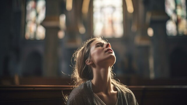 portrait of a woman praying in a church