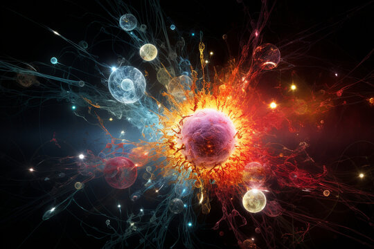 Visualization of subatomic particles colliding and producing new particles, depicting the intricate metamorphosis and creation within particle physics, love and creation