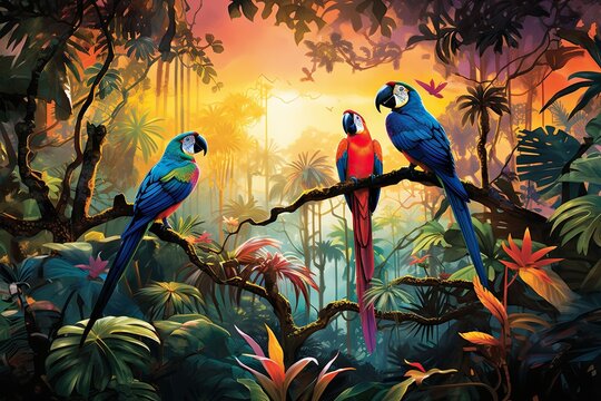 two macaws and a parot on tree branches in the jungle at sunrise - colorful parrots - rainforest beauty illustration - generative ai