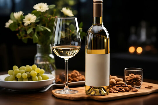 A glass of white wine and a bottle on the table with flowers grapes and nuts in the background. Generative AI.