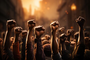 Close up diverse people hands raise up. Generative AI