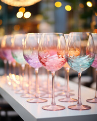 Table a number glasses of wine, cocktail party, wine tasting in winery