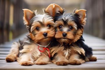 Yorkie pals sharing a friendly nuzzle, illustrating their affection and the love and responsibility of ensuring their emotional fulfillment, love and responsibility