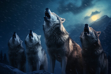 Pack of wolves howling under the moonlit sky, capturing their expressive communication and the unity that love brings to their vocal exchanges, love